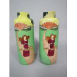 A pair of early 20th century vases of cylindrical form, with printed and infilled art nouveau