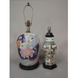 An oriental vase of hexagonal form with famille verte figure and floral decoration (converted to