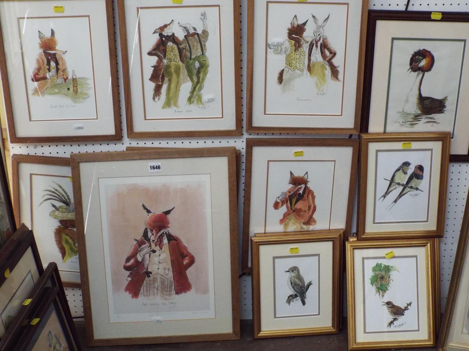 T Cook (20th century school) - A set of six pencil, pen and gouache illustrations of foxes dancing