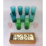 9 green glass tumblers, with two smaller pink glass examples and a box of antique dominoes (12)