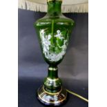 Mary Gregory type green glass baluster lamp base with white overlay of a classical romantic scene