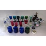 Collection of antique and later coloured glassware comprising moonflask, small goblets, a small vase