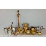 A good collection of metal ware comprising a Corinthian column table lamp, antique brass milk