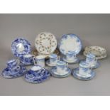 A collection of Sutherland China blue printed tea wares comprising milk jug, cake plate, five