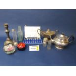 A box of various silver plated items comprising teaware, flatware, etc, together with a further