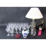 Mixed collection of glass to include and lustre lamp base, moon flask, silver topped scent bottles