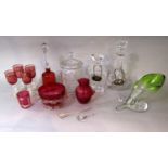Various glassware to include cranberry goblets, cup with Mary Gregory overlay, bell, with two
