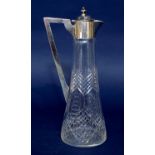 Cut glass and silver claret jug of tapered form with angular handle, maker marks rubbed,