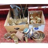 Two boxes of various metal wares to include candlesticks, horse brasses, pestle and mortars, etc,