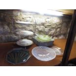A Lalique style opalescent glass bowl with diaper type decoration, together with a further art