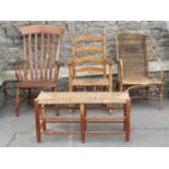 A 19th century Windsor elm and beechwood lathe back armchair, a ladder-back rocking chair with