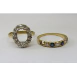 18ct diamond cluster ring (centre stone vacant), size K/L and a sapphire and diamond half hoop