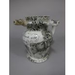 An early 19th century puzzle jug with all over black printed decoration, subjects including The