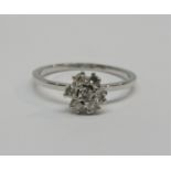 Diamond cluster ring in unmarked white metal, size M/N, 2.1g (one stone vacant)