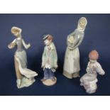Four Lladro figures to include two farm girls, a girl holding a bird and a clown (4)