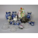 A collection of ceramics and glassware including a studio pottery tea pot with abstract glazed