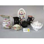 A collection of 19th century and later ceramics including black glazed Jackfield type tea wares, a