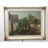 Late 19th century British school - Village street scene with thatched cottages, two girls picking