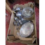 A box containing a collection of silver plated items comprising a four piece tea service, a silver