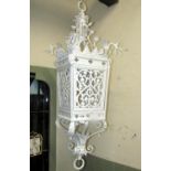 A gothic iron work hanging lantern with pierced foliate panels, quatrefoil, rope twist borders,