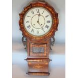 Edwardian rosewood and boxwood inlaid drop dial ogee wall clock, twin train movement, 86cm high