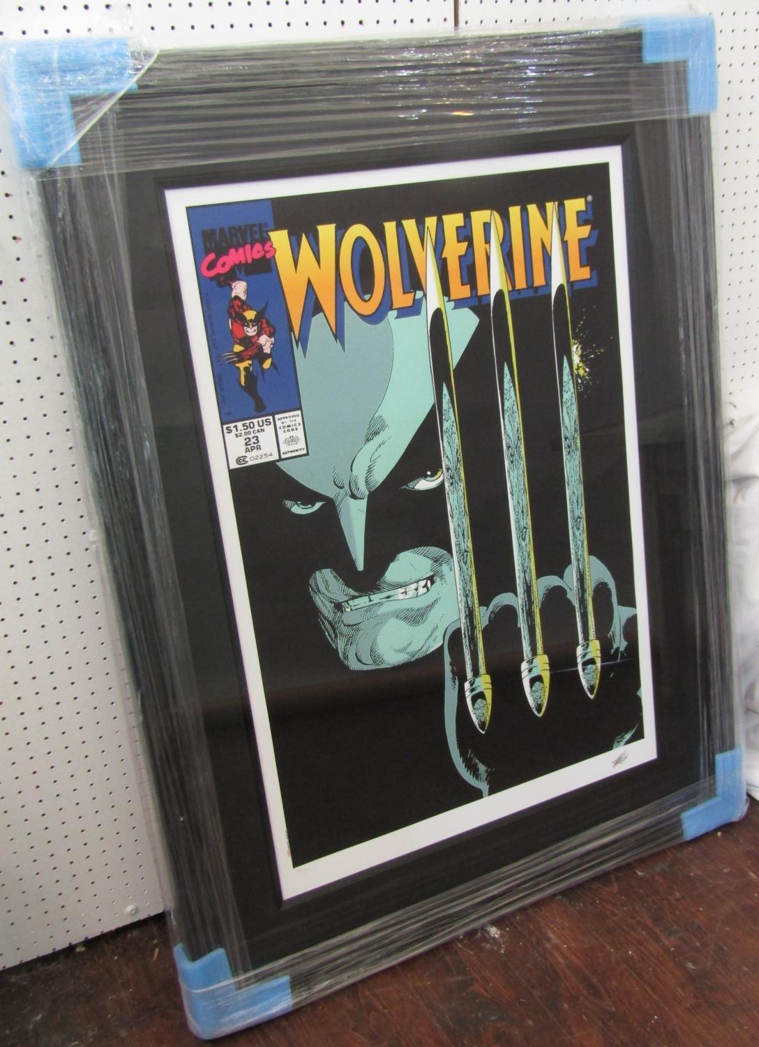 Signed, coloured, limited edition poster of an illustration of Wolverine from Marvel Comics, after