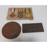 1914/15 Star, 14-18 and Victory medal and plaque, all named Captain M Muir (Mathew Andrew Muir)