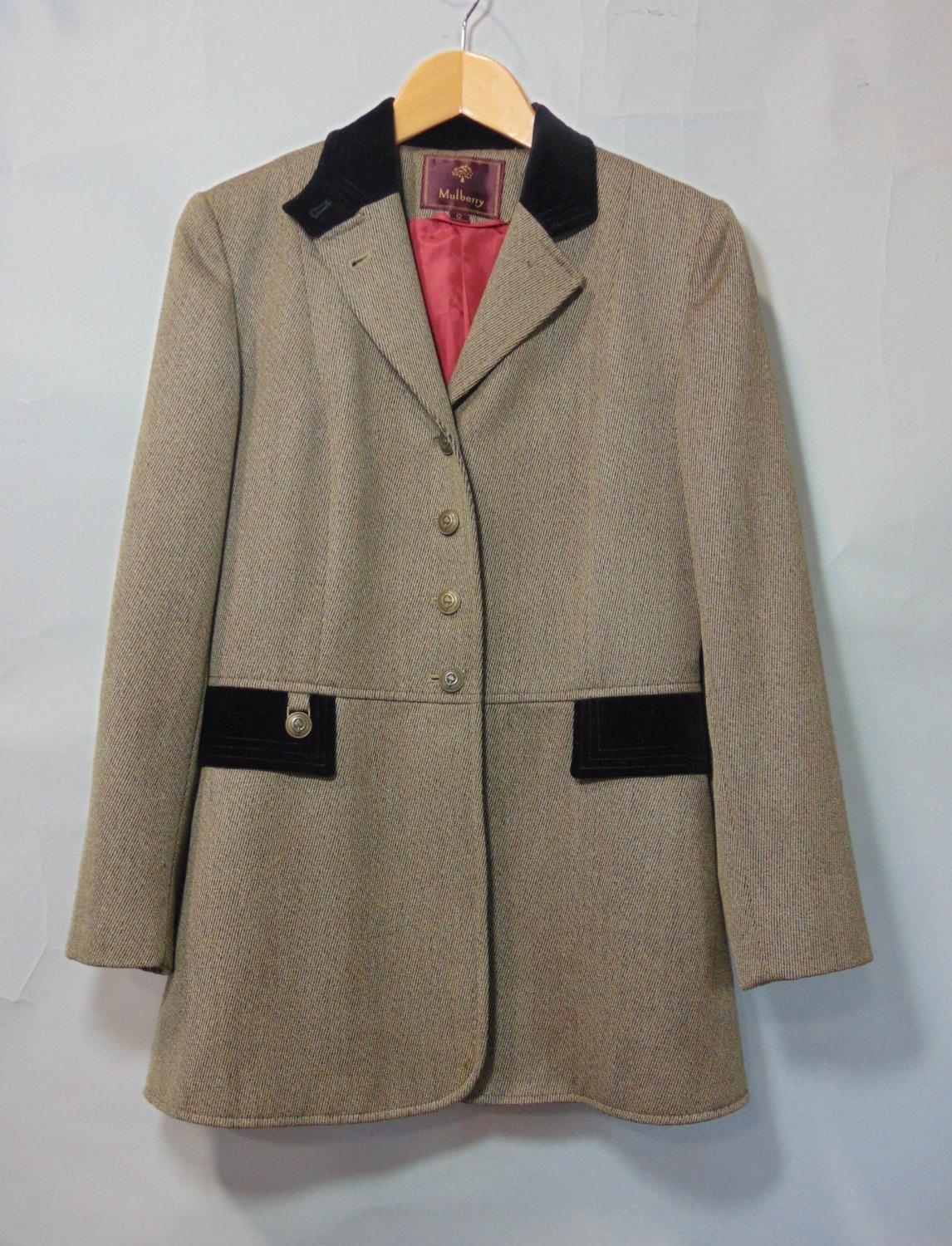 Ladies Mulberry fitted jacket in tweed, trimmed with black velvet, with wine coloured lining, size