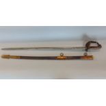 1827 pattern naval officers sword, the engraved blade 80cm long, with leather and brass mounted