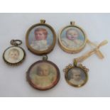 A collection of five small late 19th century/early 20th century miniature portraits of babies, one