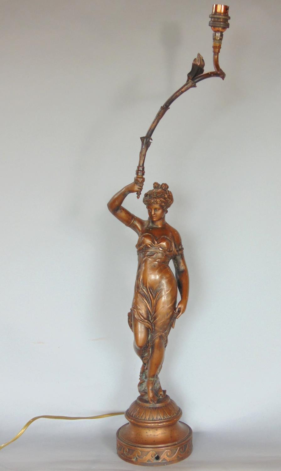 French cast spelter figural table lamp with typical decoration of a robed maiden, the sconce with