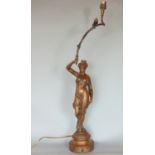 French cast spelter figural table lamp with typical decoration of a robed maiden, the sconce with