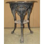 A Victorian style cast iron Britannia head pub table with circular dark stained hardwood top, 60cm