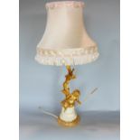 A well cast French Rococo gilt spelter figural table lamp, mounted by a cherub holding a paddle,