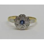 18ct diamond and sapphire cluster ring, size N, 2.2g