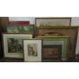 A collection of decorative pictures and prints including an early 19th century watercolour of two