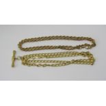 9ct rope twist necklace and a further 9ct flat curb link necklace with T-bar pendant, 9.7g total (2)