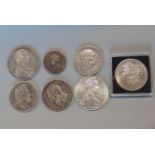 Two silver thalers, US silver dollar 1901, 1834 silver French 5 franc coin, 1872 Belgian 5 franc
