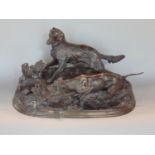 After Mene - Bronze character group of two hunting hounds and a grouse, 40cm wide