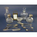 A mixed collection of glassware to include two silver lidded faceted scent jars, two further