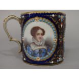 An 18th century Sevres cabinet cup with three oval reserved portrait panels of characters in 17th