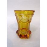 Attractive Bohemian citrine glass vase, with etched panels of wildlife, 11cm high