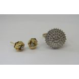 9ct diamond cluster ring, size O/P and a pair of 9ct diamond knot stud earrings, 4.6g total (3)