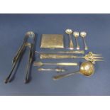 Mixed collection of silver comprising two pairs of silver sugar nips, cigarette case, three preserve