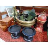 A collection of good items to include a pair of Toleware cup and cover ornaments, the lids open to