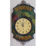 Decorative quartz iron and wooden wall dial decorated with grapevine and inscribed Bordeaux, St
