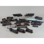 Box of HO gauge steam locomotives mostly Santa Fe and Southern Pacific by Athearn and Walthers,