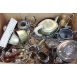 A box of silver plated items to include various tea and dinnerwares, small quantity of flatware