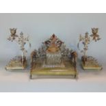 A French worked steel and marble desk standish garniture, with lobed cut glass ink stand and two