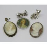 Silver jewellery comprising an articulated sterling bow brooch with painted circular bust portrait
